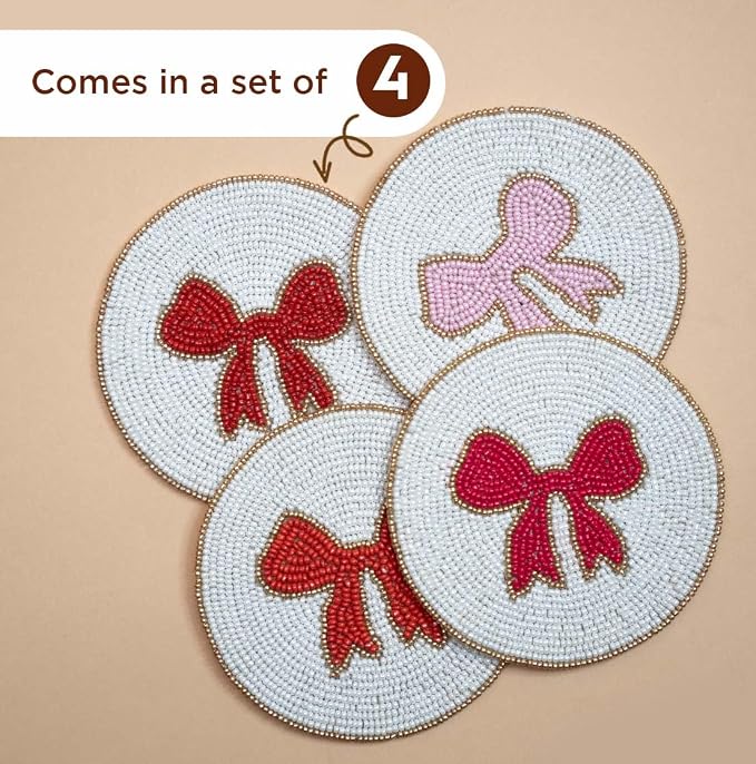 Folkulture Cute Coasters Set of 4, Beaded Handmade Boho Drink Coasters | - Image 2