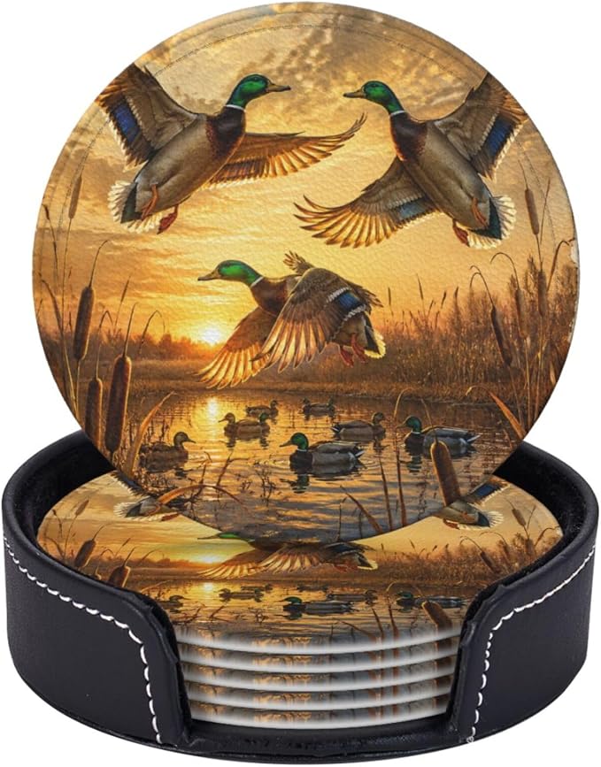 Rustic Mallard Ducks Art Leather Coasters Set of 6 by NeuKim