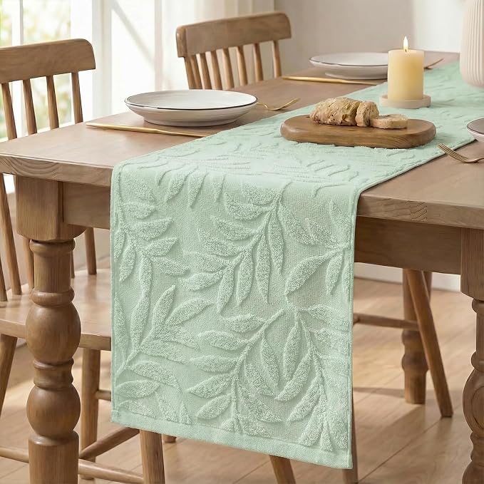Artoid Mode Sage Green Soft 3D Jacquard Leaves 100%Cotton Spring Table Runner - Image 6