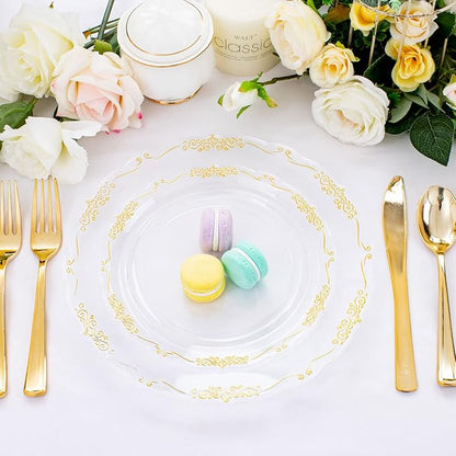 DaYammi 60PCS Clear Plastic Plates Heavy Duty Clear Disposable Plates 7.5” Fancy Gold Dessert Platos Small Cake Plates Appetizer Platos Hard Round Plastic Disposable for Wedding and Party