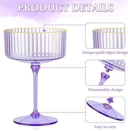 12 PCS Ribbed Coupe Glasses Purple Plastic Champagne Coupe Cup 10oz Detachable Gold Rim Espresso Martini Glass Vintage Margarita Glassware Cocktail Glass Disposable for Halloween Bridal Showers