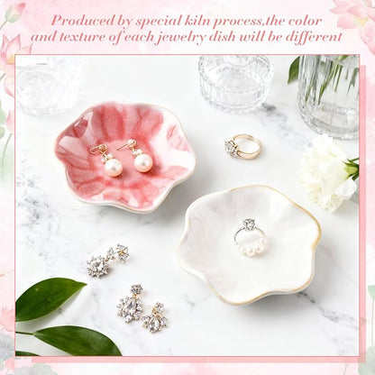 meekoo 2 Pcs Trinket Dishes for Jewelry Lotus Leaf Shape Ceramic Ring Holder Jewelry Tray Bowl Woman Gift for Mom Sister(Pink and White)
