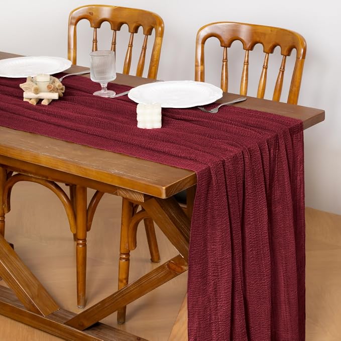 Cheesecloth Table Runner Summer Boho Wedding Shower Party Home Decor | Burgundy - Image 3