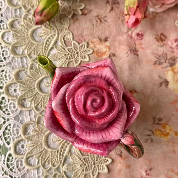 Ceramic Rose Tea Pot Set, 3D Hand-painted Rose Red Flower Cup and Green Leaves - Image 6