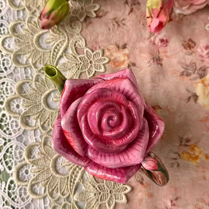 Ceramic Rose Tea Pot Set, 3D Hand-painted Rose Red Flower Cup and Green Leaves - Image 6