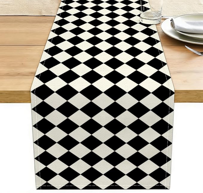 Black Beige Diamond Plaid Table Runner, Home Farmhouse Dining Halloween | Long by Unknown
