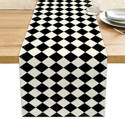 Black Beige Diamond Plaid Table Runner, Home Farmhouse Dining Halloween | Long by Unknown