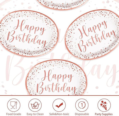 Grencian 50Pcs Pink Rose Gold Birthday Plates 10" x 12.5" Oval Paper Plates Disposable 400GSM Oval Paper Tableware Pink Dots Dinnerware for Girls Women Rose Gold Birthday Party Decorations
