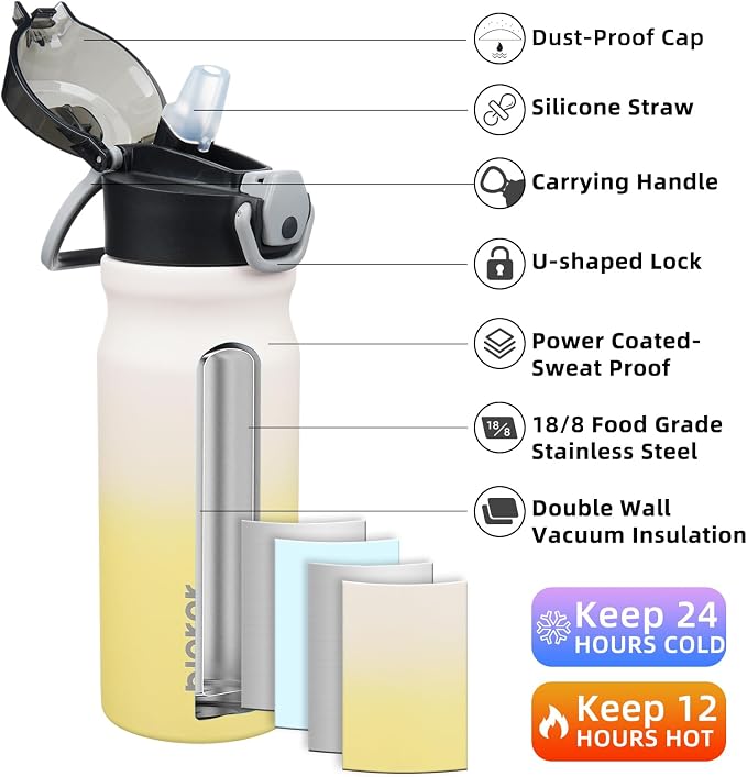 BJPKPK 18 oz Water Bottle with Straw & Handle, Insulated Stainless Flask | Leak - Image 2