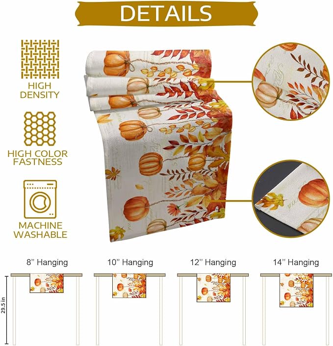 Orange Pumpkin Fall Table Runner 72 Inches Long, Thanksgiving Maple Eucalyptus - Image 8