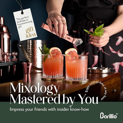 Barillio Rose Gold Bartender Kit - Stainless-Steel Cocktail Shaker Set w/Black Bamboo Stand - Mixology Bar Tools w/Drink Shaker, Mixer, Muddler for Cocktails - Home Bar Accessories - 23-Pc Bar Set