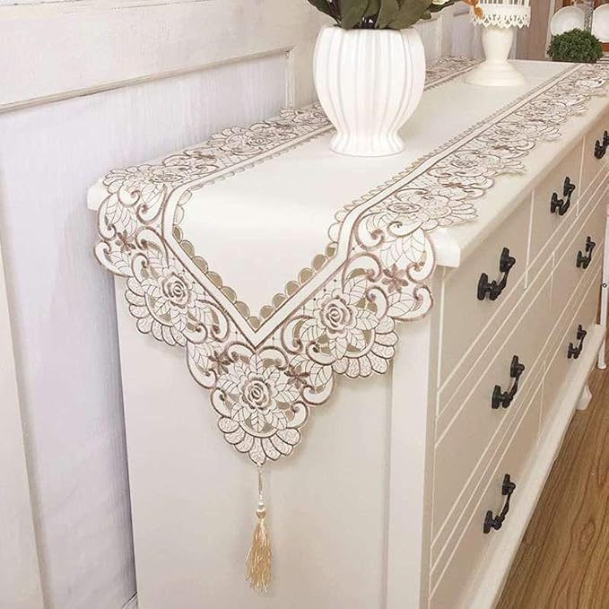 LeLehome 15 Inch X 58 Inch Classic Table Runner, Flowers Embroidery Satin - Image 9