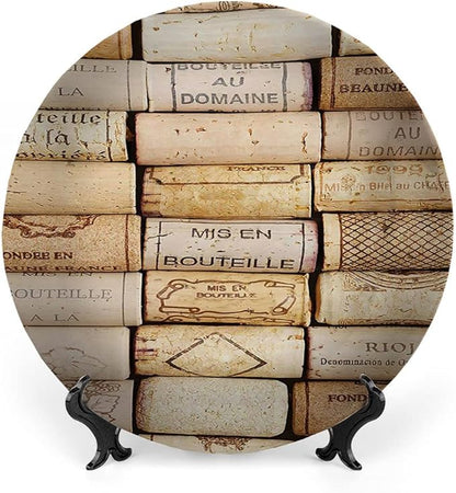 Decorative Plates, Winery Print Ornament, Different Wine Corks Arranged in Line Collections, 7 Inch, Kitchen Wall Decor, Ivory Pale Brown