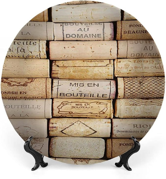 Ceramic Plates, Winery Decorative Ceramic Plates, Different Wine Corks Arranged in Line Collections, 8 Inch, Household Plates Decorative, Ivory Pale Brown