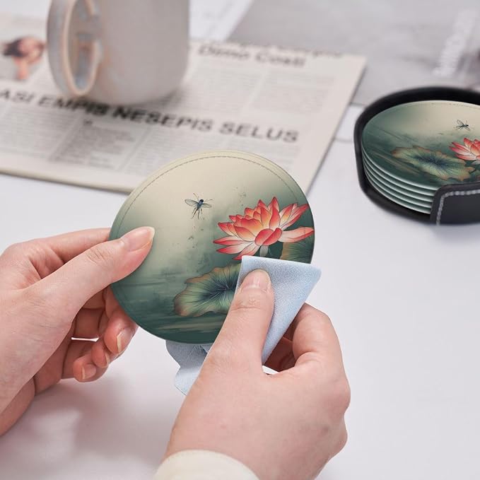 6Pcs PU Leather Coaster for Drinks, Lakeside Flower and Dragonfly Cup Coasters - Image 4