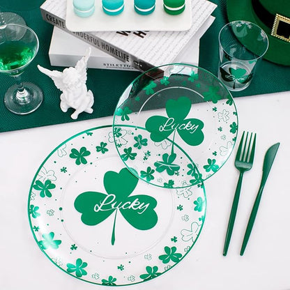 U-QE 60PCS St Patricks Day Plates - Clear and Green Disposable Plates - Premium Hard Green Plastic Plate Including 30 Dinner Plate 10.25'' & 30 Dessert Plate 7.5 '' Perfect for St. Patrick’s Day