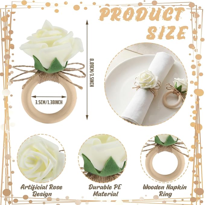 Flower Napkin Rings Set of 12 Wooden White Rose Handmade Napkin Holders - Image 2