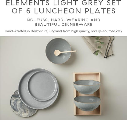Denby - Elements Light Gray Coupe Salad Plates Set of 6 - Dishwasher Microwave Oven Safe - Scratch Chip Resistant Lunch, Appetizer, Dessert Plates - 8.25 Inch Ceramic Stoneware Dinnerware Set