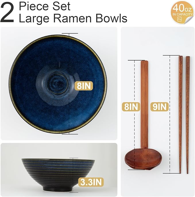 8 Inch Ceramic Ramen Bowl Set of 2, 40oz Japanese Bowls - Image 2