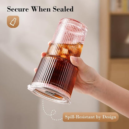 20oz Iced Coffee Cups with Lids, Ribbed Glass Cups with Lids and Straws | Thick - Image 3