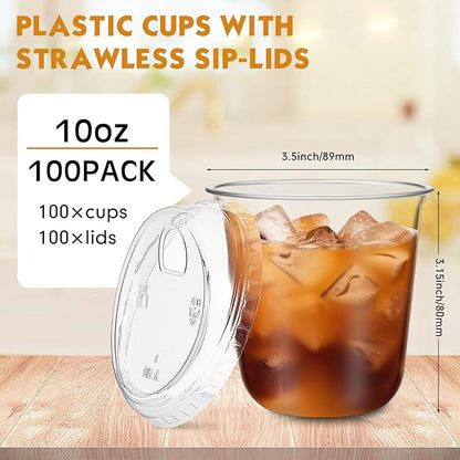 Baderke 100 Pcs Plastic Cups with Sip Lids Round Bottom Disposable Plastic Coffee Cups with Lids Clear Strawless Crystal Mugs for Iced Coffee Smoothie Cold Beverage Party Catering Supplies (10 oz)