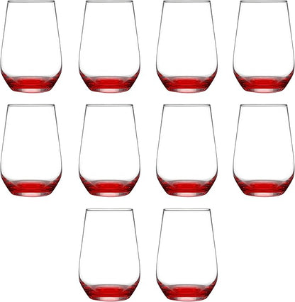 DISCOUNT PROMOS 10 Vaso Silicia Stemless Wine Glasses Set, 16 oz. - Clear, Orb-Like, Thick base - Red