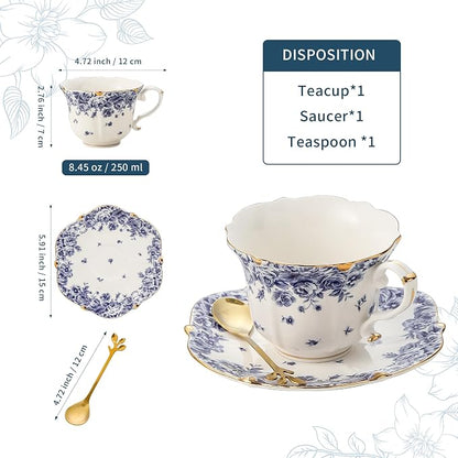 TATSUMI Country Roses Bone China Tea Cup and Saucer Set, 3 Pieces, Vintage Style - Image 2