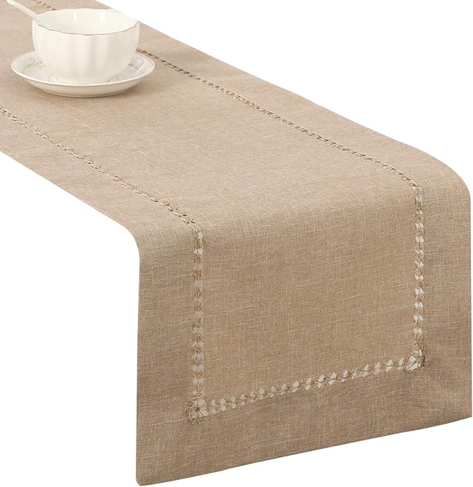 Tosewever Decorative Hemstitch Linen Table Runner Farmhouse Style Tabletop by Tosewever