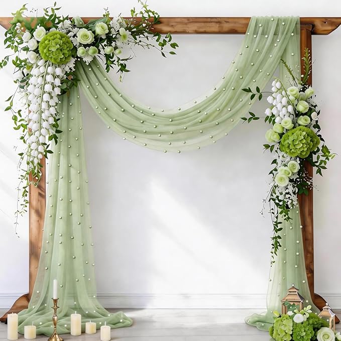 Pearl Table Runner Gauze Sheer 19FT Wedding Draping Fabric Decor | Sage Green by Socomi