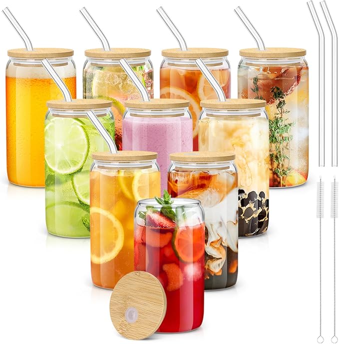 sungwoo 10PCS Glass Cups with Bamboo Lids and Straws, 16OZ Ice Coffee Cup by sungwoo