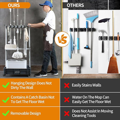 Broom mop holder cleaning supplies organizer janitorial carts on wheels housekeeping station storage tools for garage, garden, closet, cabinet.