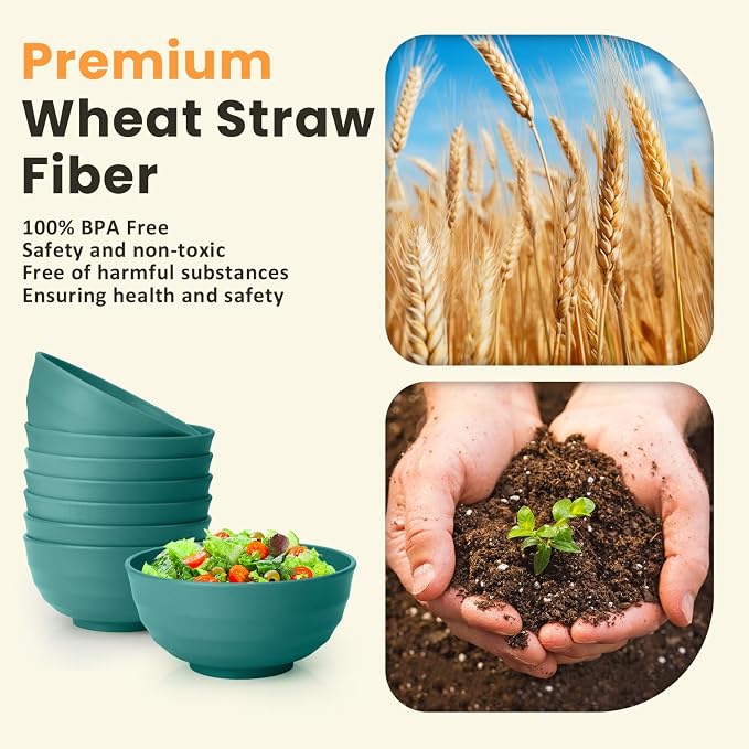 Large Bowls for Eating: Set of 8 Unbreakable 60oz Wheat Straw Bowls, - Image 3