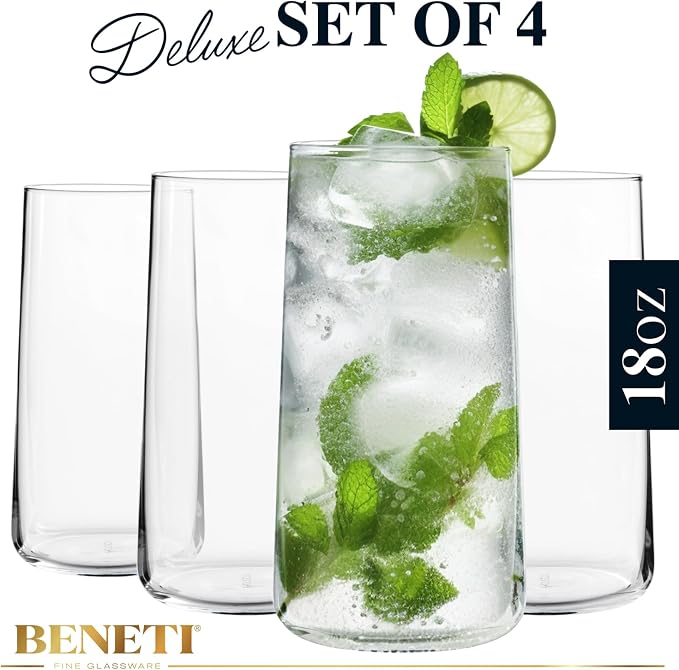 BENETI Modern Crystal Glass Cups, Tall Highball Drinking Glasses Set of 4 | - Image 2