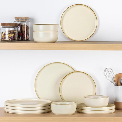 AmorArc Stoneware Dinnerware Sets for 4,Reactive Ceramic Plates and Bowls Set,Highly Chip and Crack Resistant | Dishwasher & Microwave Safe | Round Dishes Set Service for 4 (12pc)