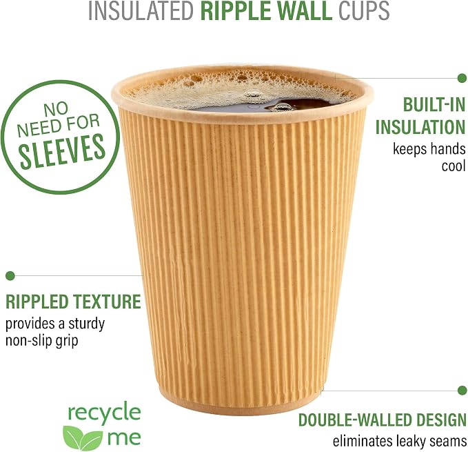 Restaurantware Ripple Wall Coffee Cups 500 Count 8 Ounce Insulated Kraft Paper - Image 4