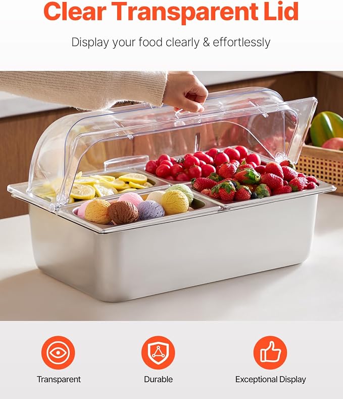 VEVOR Countertop Food Serving Display Container, 4 Pan Stainless Steel Food - Image 3