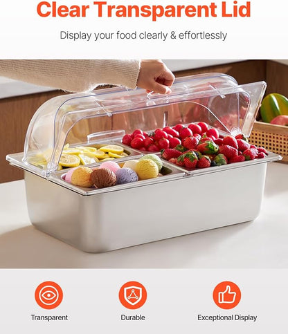 VEVOR Countertop Food Serving Display Container, 4 Pan Stainless Steel Food - Image 3