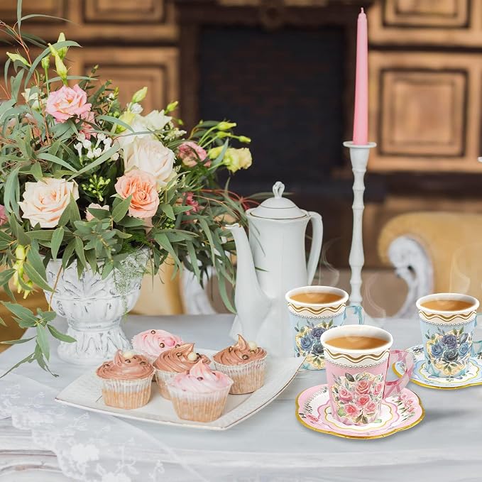 WorldBazaar Floral Tea Party Dinnerware Disposable Cups and Saucers 24 Set | 9oz - Image 5