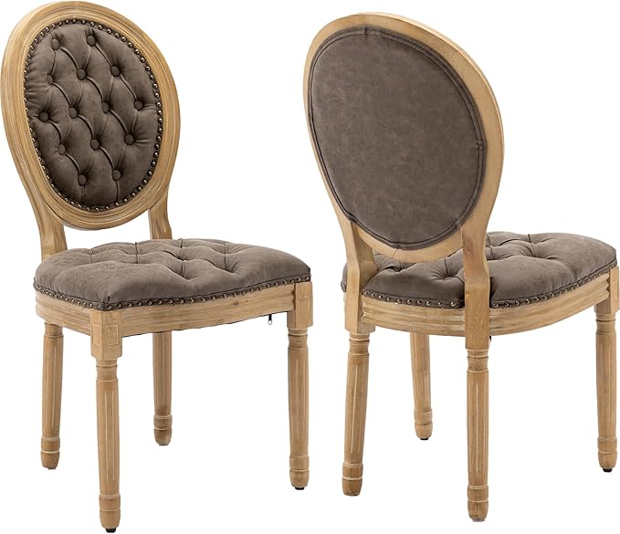Vintage French Dining Chairs Set of 2, Round Back PU Leather Upholstered Accent Chairs with Nailhead Trim and Solid Wood Frame, Farmhouse Sillas de Comedor for Dining Room & Kitchen, Distressed Brown