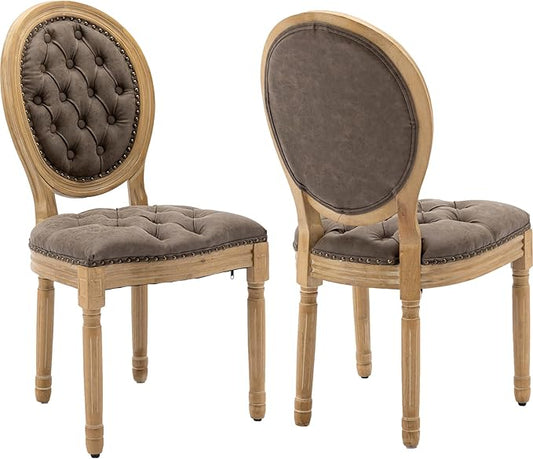 Vintage French Dining Chairs Set of 2, Round Back PU Leather Upholstered Accent Chairs with Nailhead Trim and Solid Wood Frame, Farmhouse Sillas de Comedor for Dining Room & Kitchen, Distressed Brown