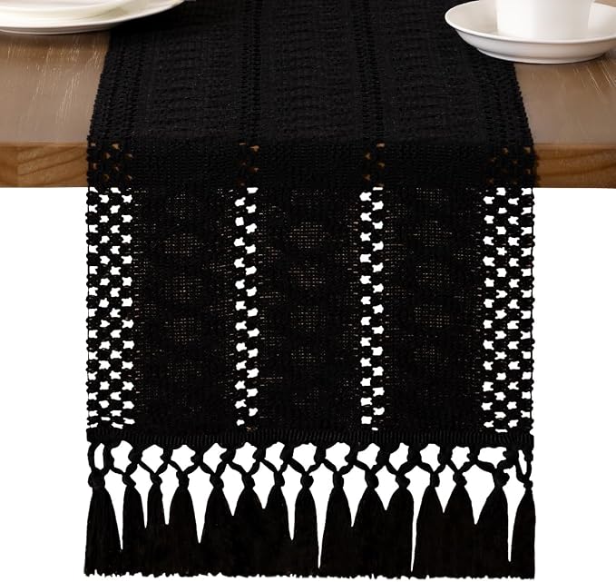 MLMW Boho Table Runner Black Table Runner 90 inches Spring Easter Short Coffee by MLMW