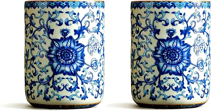 Blue and White Floral Porcelain Tea Cups Set of 2 | No Handle, Bone China - Image 4