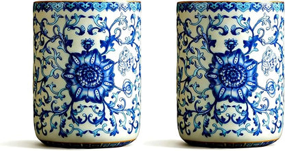 Blue and White Floral Porcelain Tea Cups Set of 2 | No Handle, Bone China - Image 4