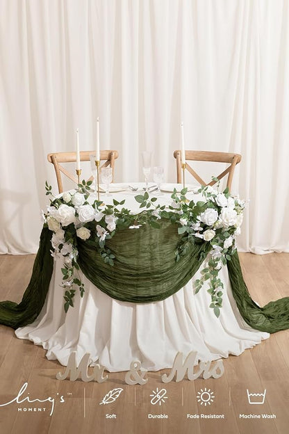 Ling's Moment Moss Green Gauze Cheesecloth Table Runner, 14FT | Olive Green - Image 3