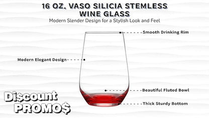 DISCOUNT PROMOS 10 Vaso Silicia Stemless Wine Glasses Set, 16 oz. - Clear, Orb-Like, Thick base - Red