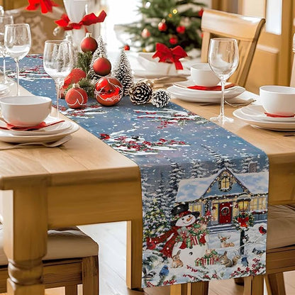 Merry Christmas Table Runner 72 Inches Long, Xmas Trees Snowman Snowflake Table - Image 9