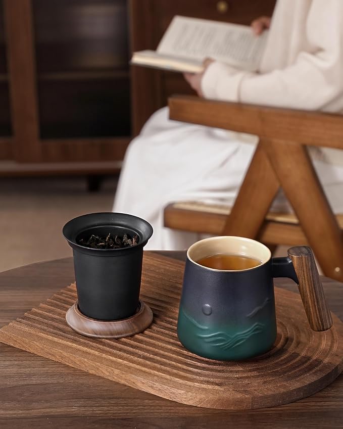 ZENS Tea Infuser Mug with Lid for Loose Tea Steeper, 14.5oz Wooden Handle | - Image 2