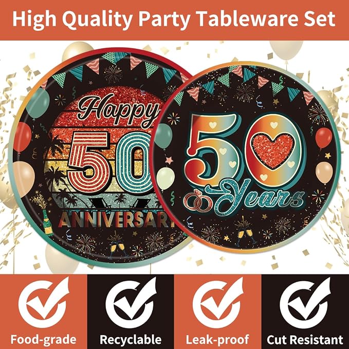 EUOYUFO 96Pcs Vintage 50th Anniversary Paper Plates Napkins Forks 50th Wedding - Image 4
