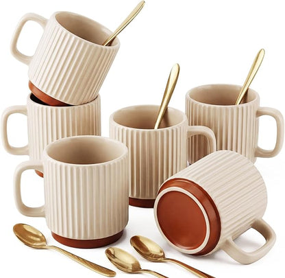 6 Set Ceramic Coffee Mugs with Gold Spoons, 8.8 oz Textured Ribbed Coffee Cups by Ferrochef