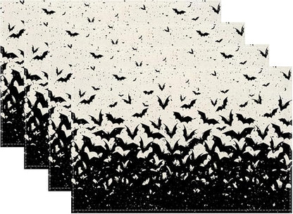 Halloween Placemats 12x18 Inches Set of 4,Black Bat Decorative Autumn Halloween Decoration Rectangle Black Linen Table Mats for Party Home Kitchen Dining Table Decoration